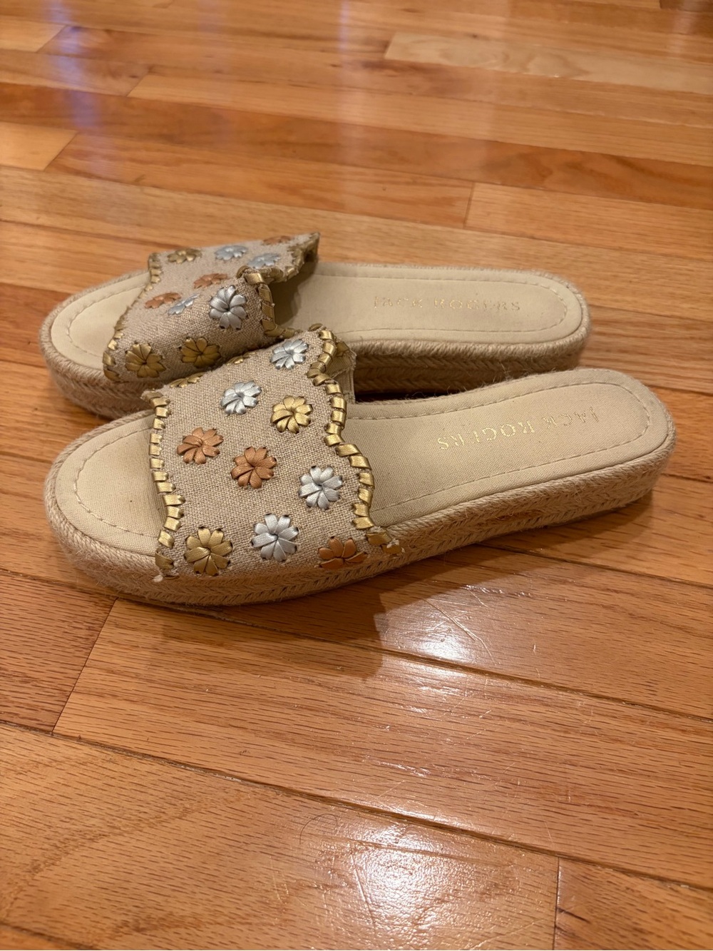 Jack Rogers Palmer Slide Espadrille Cream Canvas Floral Appliqué Details Sandals